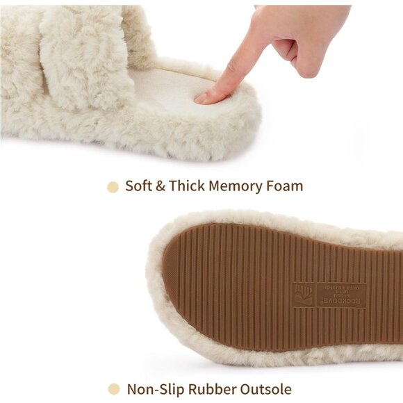 Women’s Tan Pluffie Arch Memory Foam Cozy Faux Fur Open Toe Slippers Shoes - Picture 4 of 6